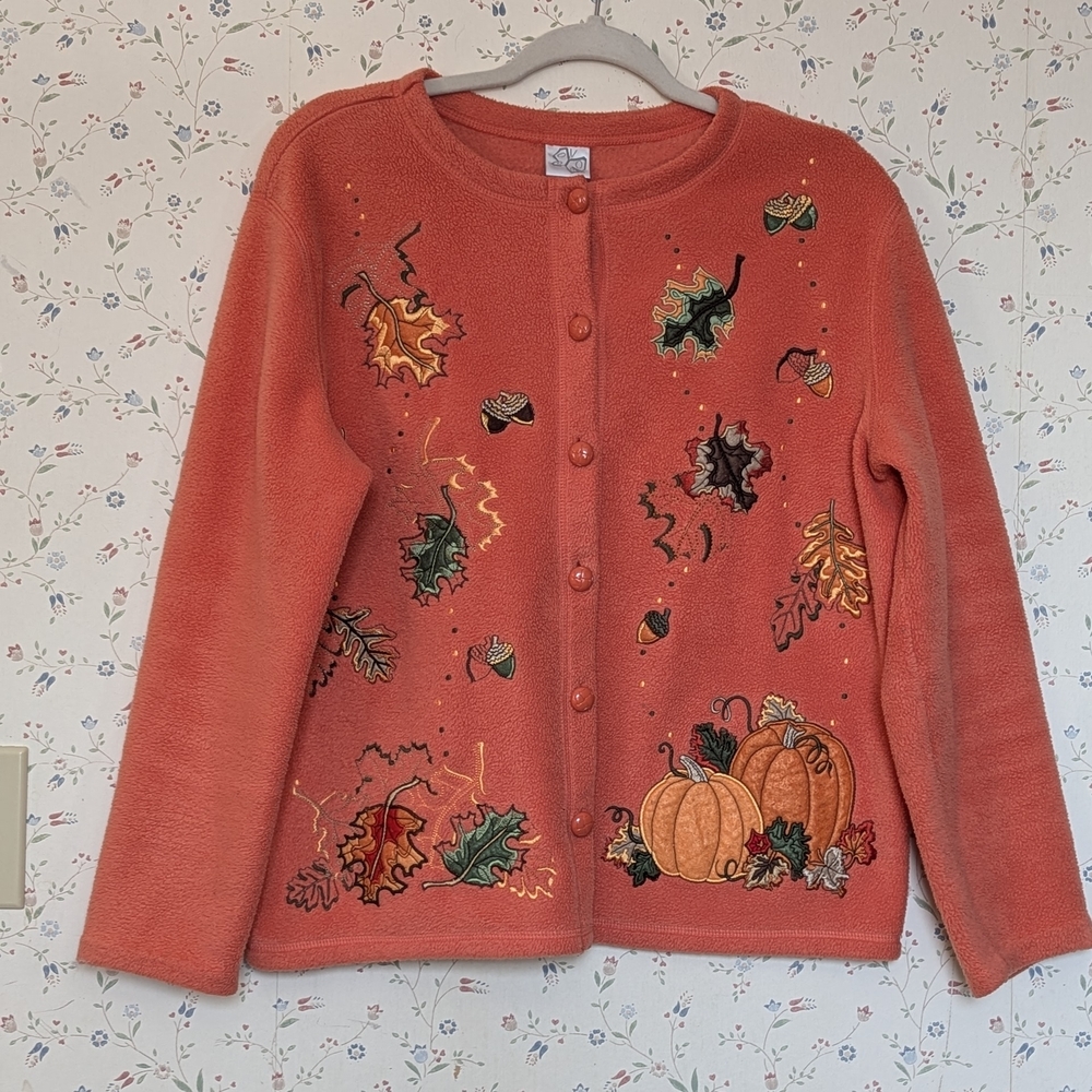 Fashion Bug Fleece Jacket M Kitchy Autumn Theme Button-Up Sweater pumpkin VTG